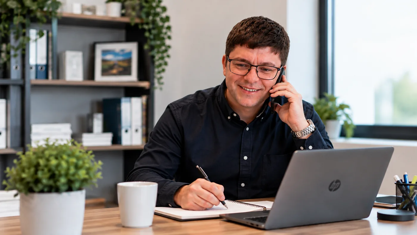 GWB Tec taking a client call at the office in Chippenham