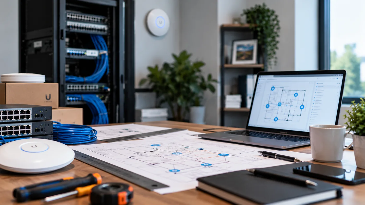 Business WiFi and network installation being planned, with access points, switches and floor plans